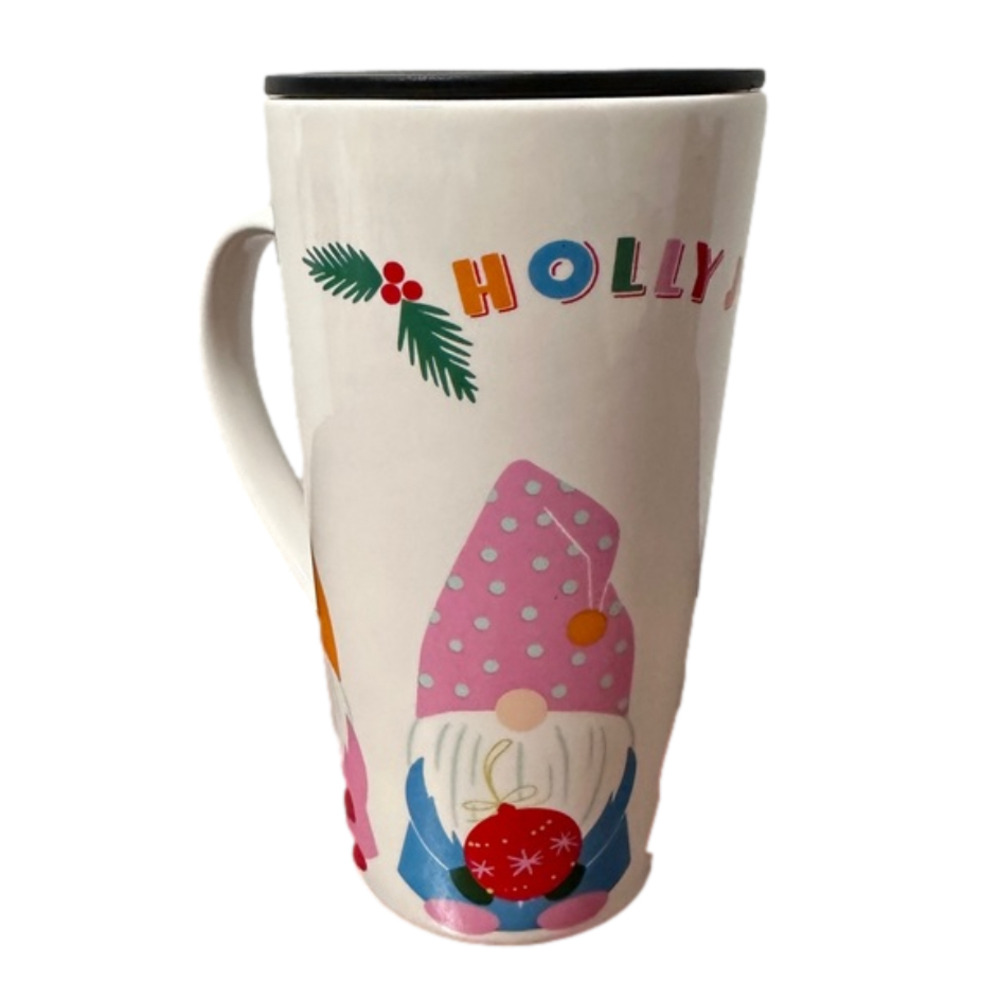 Joyland Holly Jolly Gnomes Mug Handled Lid Holiday Ceramic Coffee Christmas